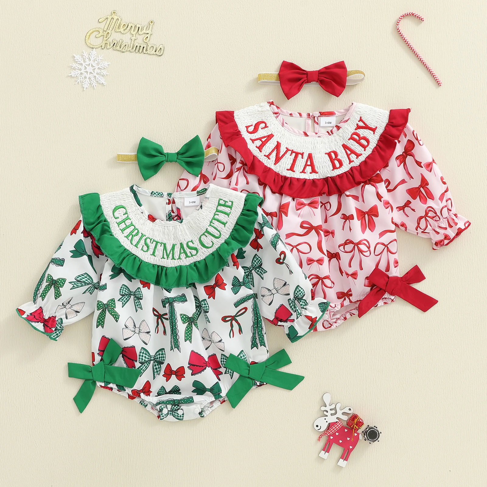 

Baby Girl Christmas Bodysuits Outfit Bow Print Letter Embroidery Long Sleeve Romper Bow Headband 2 Piece Set