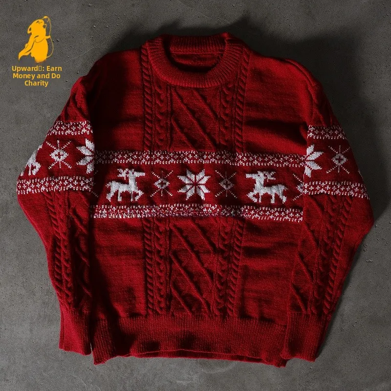 Red Christmas Charity Knitted Sweater American Style Loose Fit Unisex Spring Autumn Upward Hero Thickened Long Sleeve Crew Neck