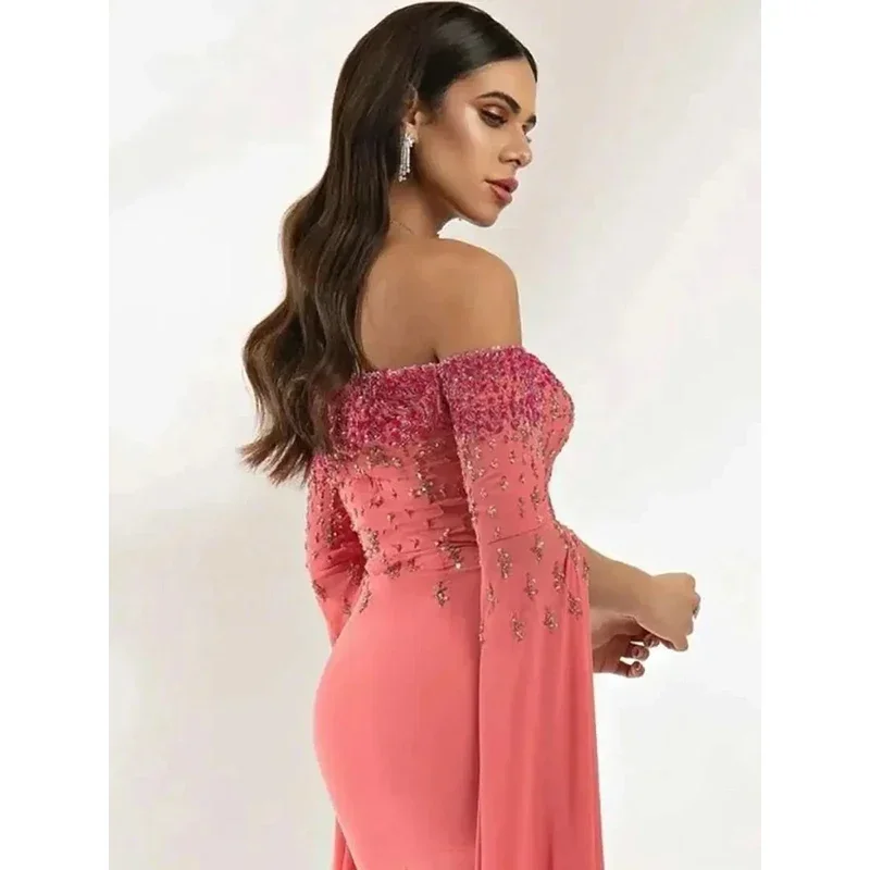 Customized Luxury Watermelon Red Sequined Beading Off The Shoulder Ribbons Woman Formal Wedding Guest Evening Prom Dresses Cockt