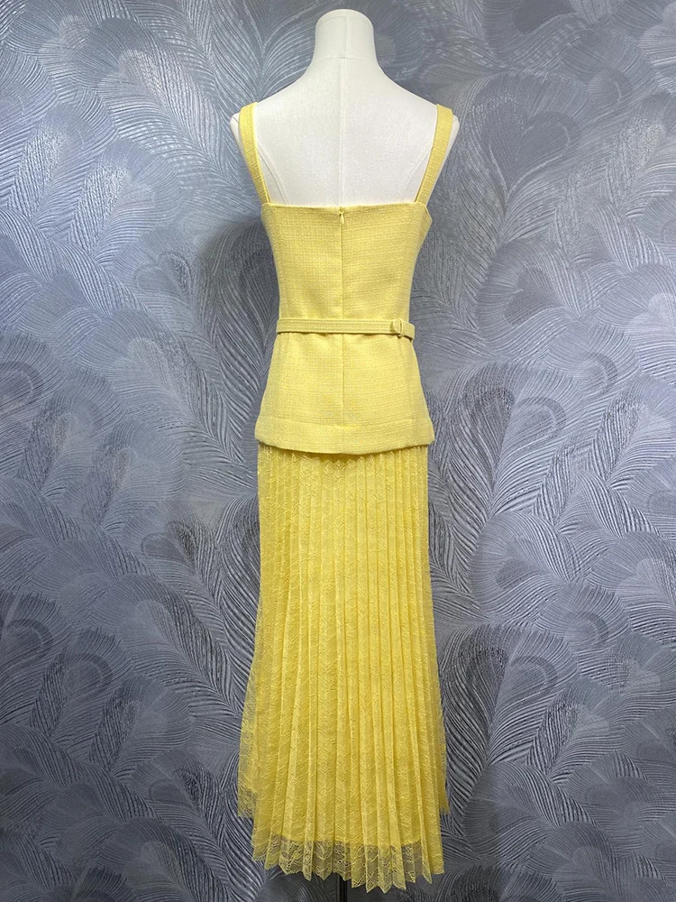 JUNLINNA Spring Summer Women High Street Dress Spaghetti Strap Solid Yellow Colour Patchwork Vestidos Sashes Slming