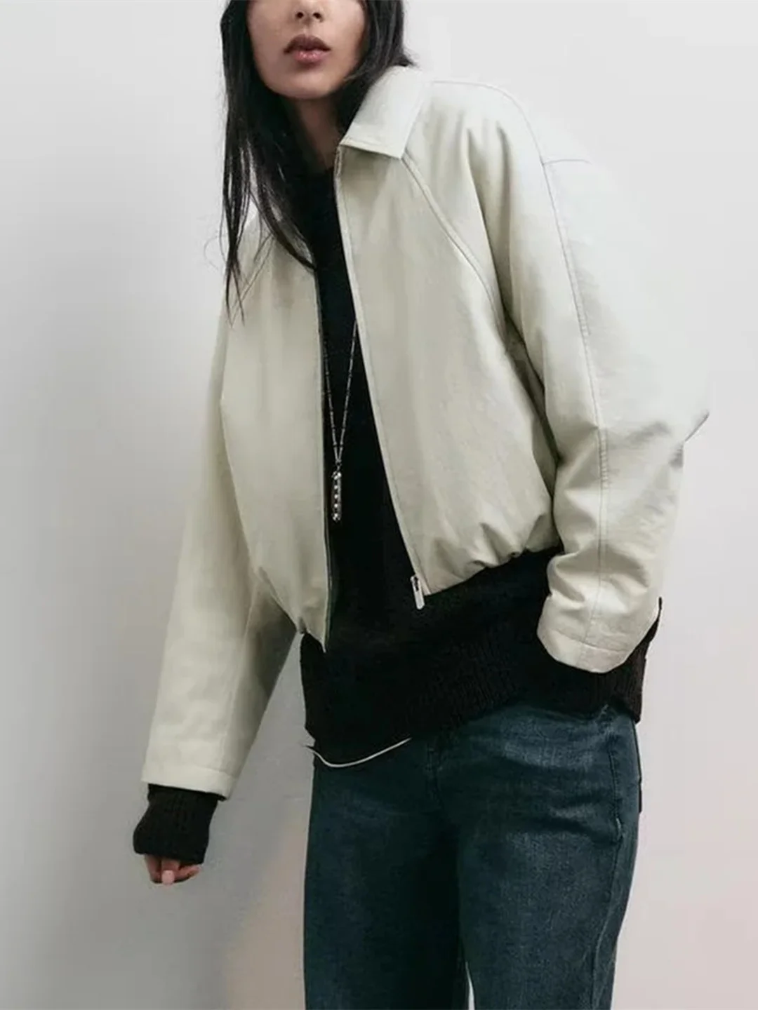 新しい秋のカジュアルファッションパイロットジャケットアウターウェア女性のシンプルなジッパー付きオーバーサイズレザーシミュレーションコート