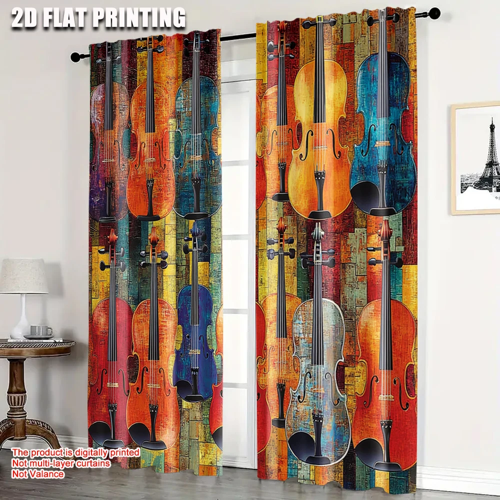 2pcs, Upscale Curtains 2D print Musical instrument Versatile Polyester Fabric (without rod) All Seasons Perfect for Bedroom