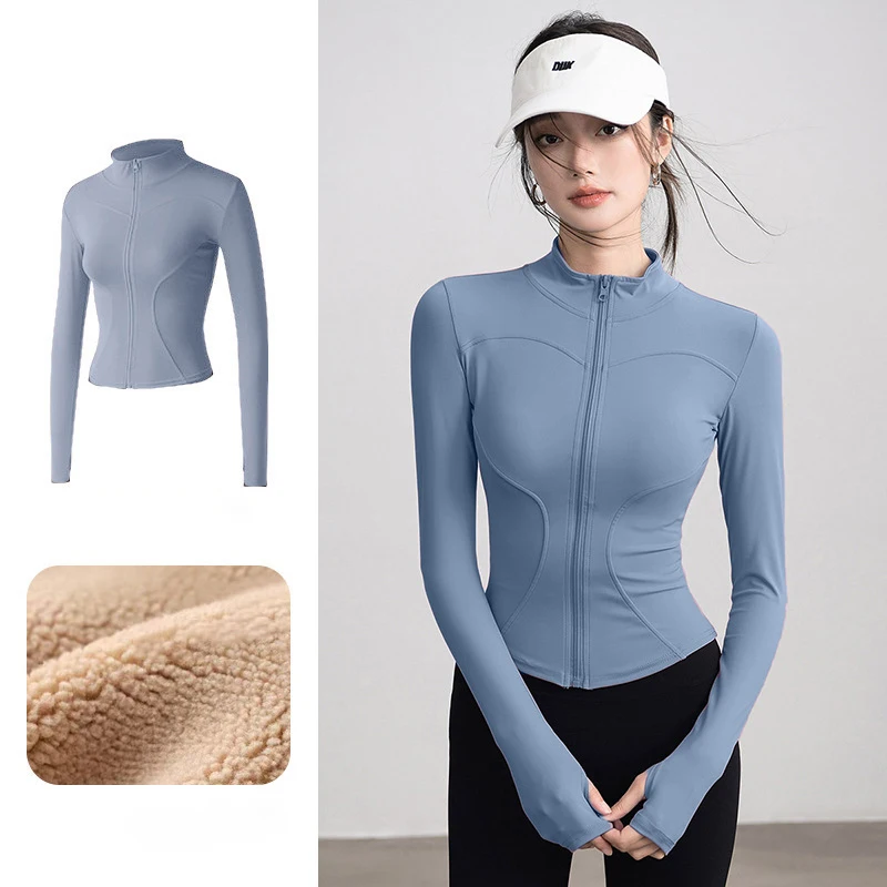 Herbst Winter Warme Kaschmir Sport Jacke Mode Daumen Loch Gym Yoga Kleidung Frau Running Training Zipper Stehkragen Jacken