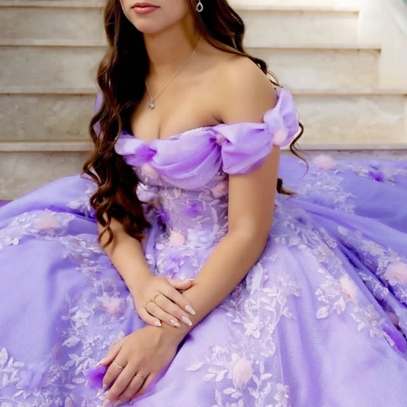

simple Purple Quinceanera Dress off-shoulder 3D flower decal Long tail Bow vestidos de 15 Quinceanera ﻿Customized
