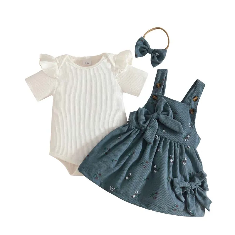 

Одежда для малышей от 0 до 18 месяцев, комплекты для девочек, однотонные боди с короткими рукавами + вельветовые юбки с принтом и бантом + повязка на голову, одежда для новорожденных