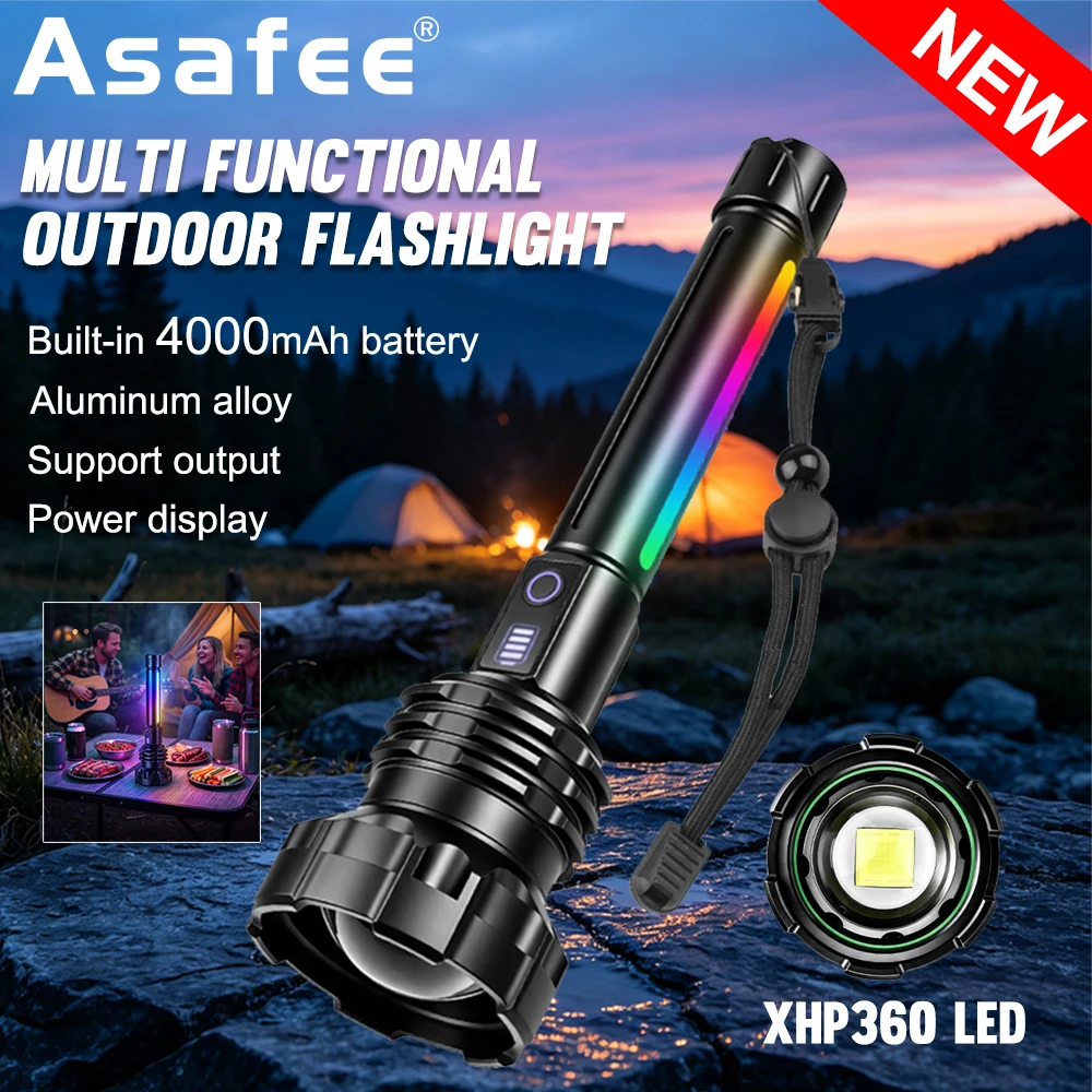 Asafee P26 XHP360 LED Flashlight 9500LM High Power Torch Rechargeable Atmosphere RGB Side Light For Camping Hiking Emergency