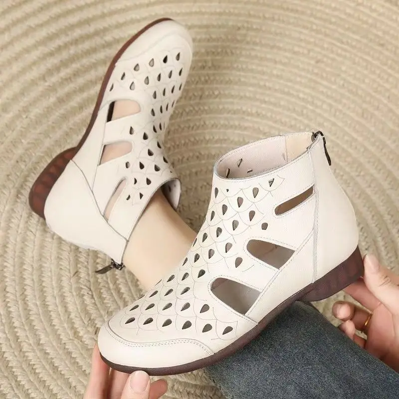 Women Genuine Leather Big Size Flat Sole Cool Boots Summer New Soft Sole Round Toe Hollow Out High Quality Cave Ankle Boots