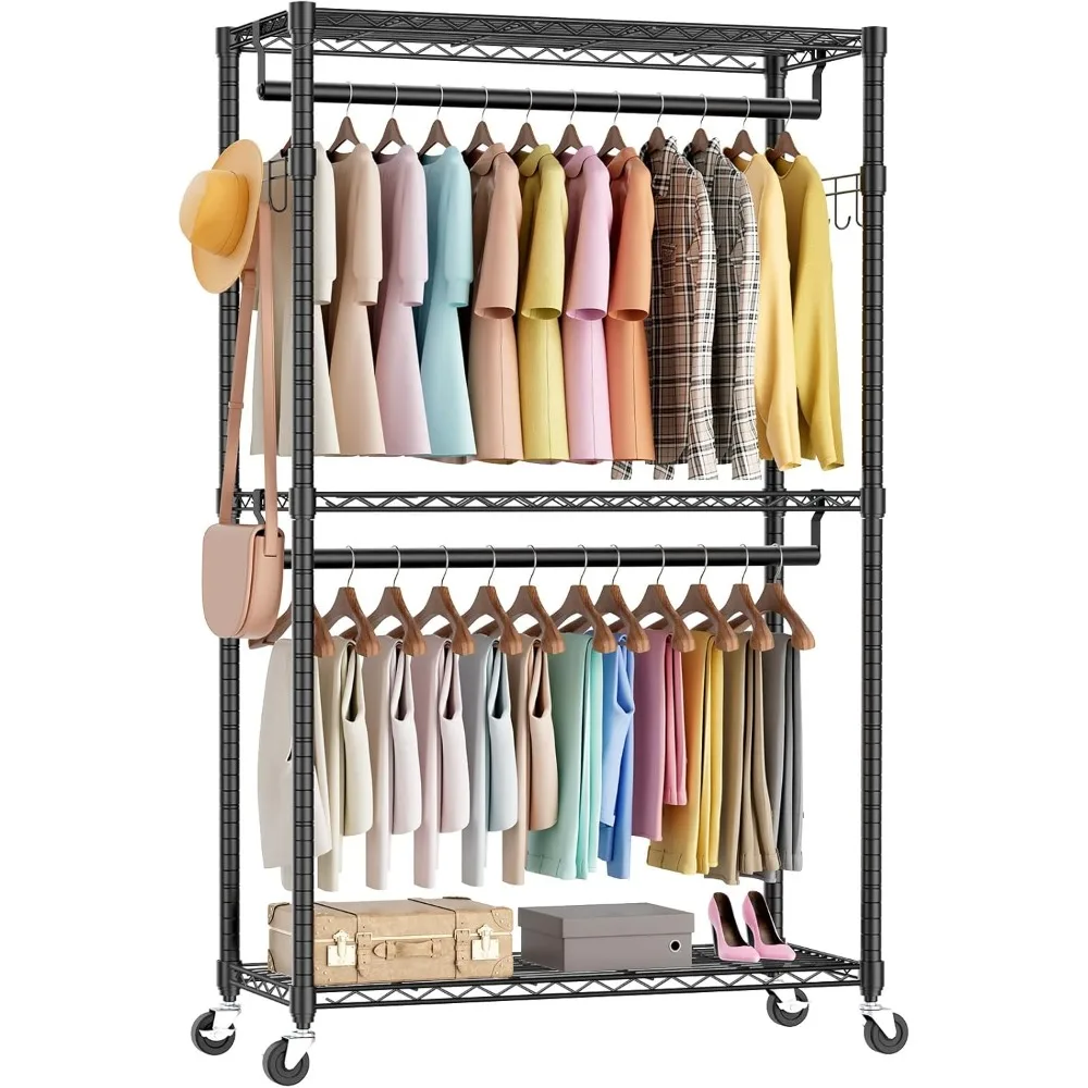 

Rolling Clothes Rack, Heavy Duty Garment Racks 3 Tiers Portable Adjustable Wire Shelves with Wheels, Hanging Rods & Side Hooks