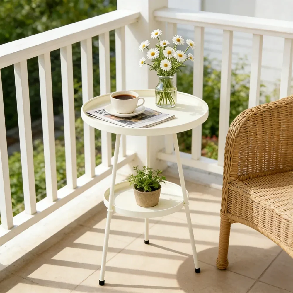 

Small Side Table, Round 2 Tier End Table, Metal Round Coffee Table For Indoor Outdoor, White