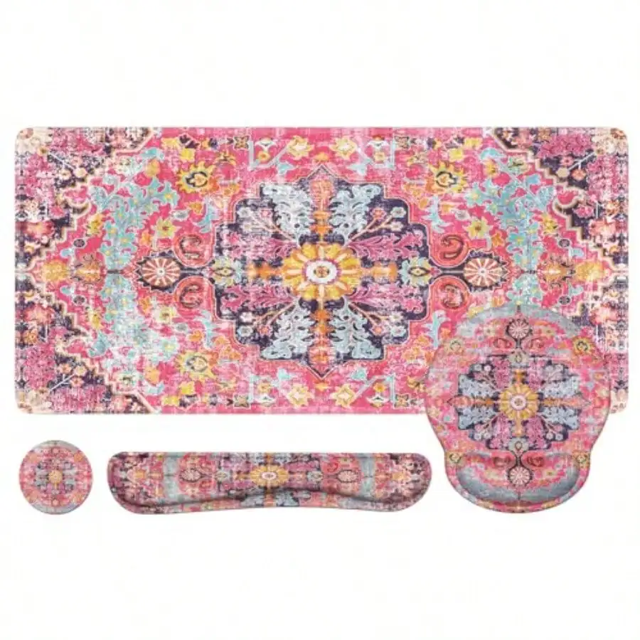 Mouse Pad Set Boho Desk Mat + Mouse Pad with Wrist Rest + Keyboard Wrist Rest + Coaster 4in1 Mouse and Keyboard Pad Set for H
