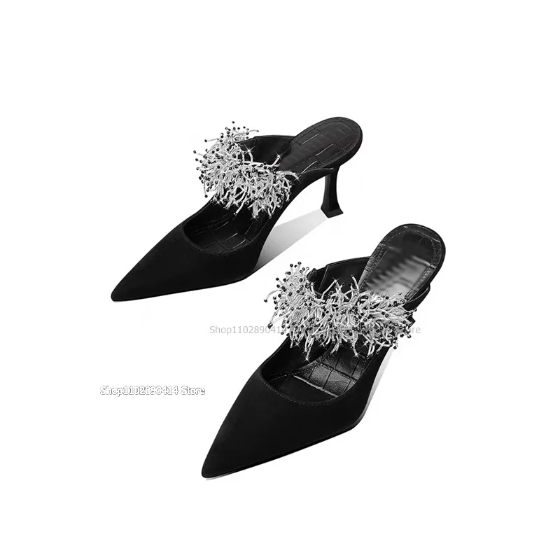 Crystal Tassels Decor Giltter Slippers Slip On Women Shoes Stilettos Heels Pointed Toe Fashionable Sexy 2023 Zapatos Para Mujere