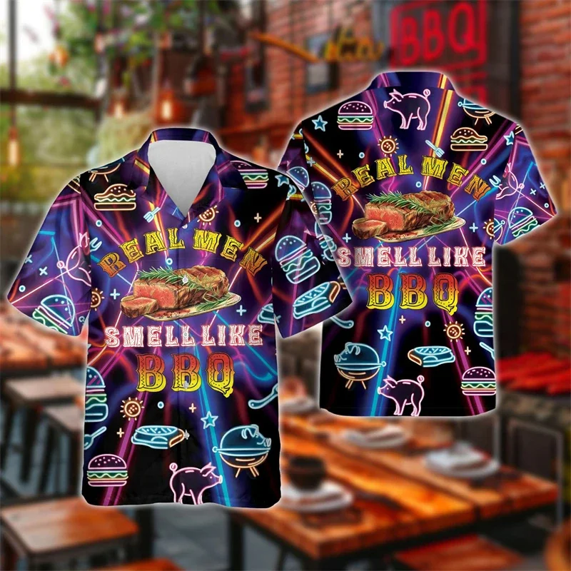 Barbecue Feest Patroon Hawaiian Shirt Mannen Schattig Varken 3d Geprint Korte Mouw Blouses Mode Aloha Shirts Mannelijke Knoop Revers Tops