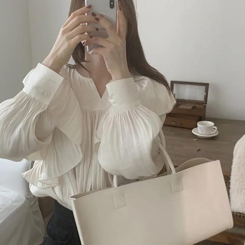 Pleated Shirt with Ruffles for Women, Korean Chic Sweet Blouse, Beige Tops, Long Lantern Sleeve, Loose Clothes, Spring Autum 201