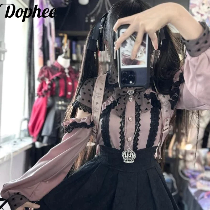 

Dophee Japan Style Off Shoulder Long Sleeve Women Shirts Lolita Y2k Sweet Princess Blouses Diamonds Love Bow Elegant Girl Top