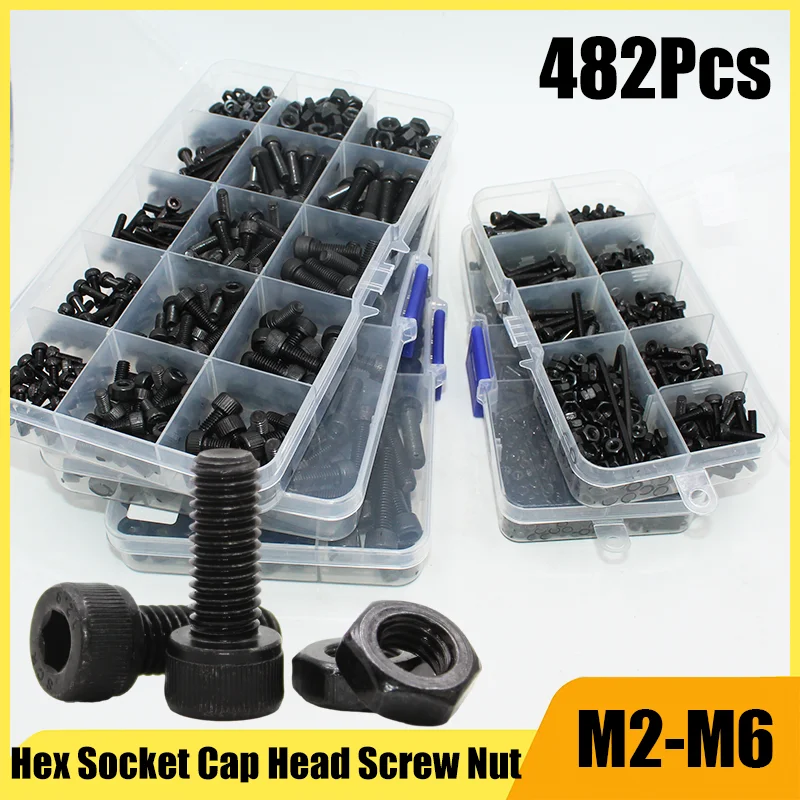 

Hex Socket Cap Head Screw Nut Assortment Kit M2 M3 M4 M5 M6 12.9 Grade Carbon Steel Hexagon Socket Allen Head Bolt Nut Hex Key