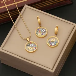 2024 Stainless Steel Round Drop Oil Eye Glass Pendant Necklace Earrings Jewelry Set for Women Girl Trend Party Wedding Gift