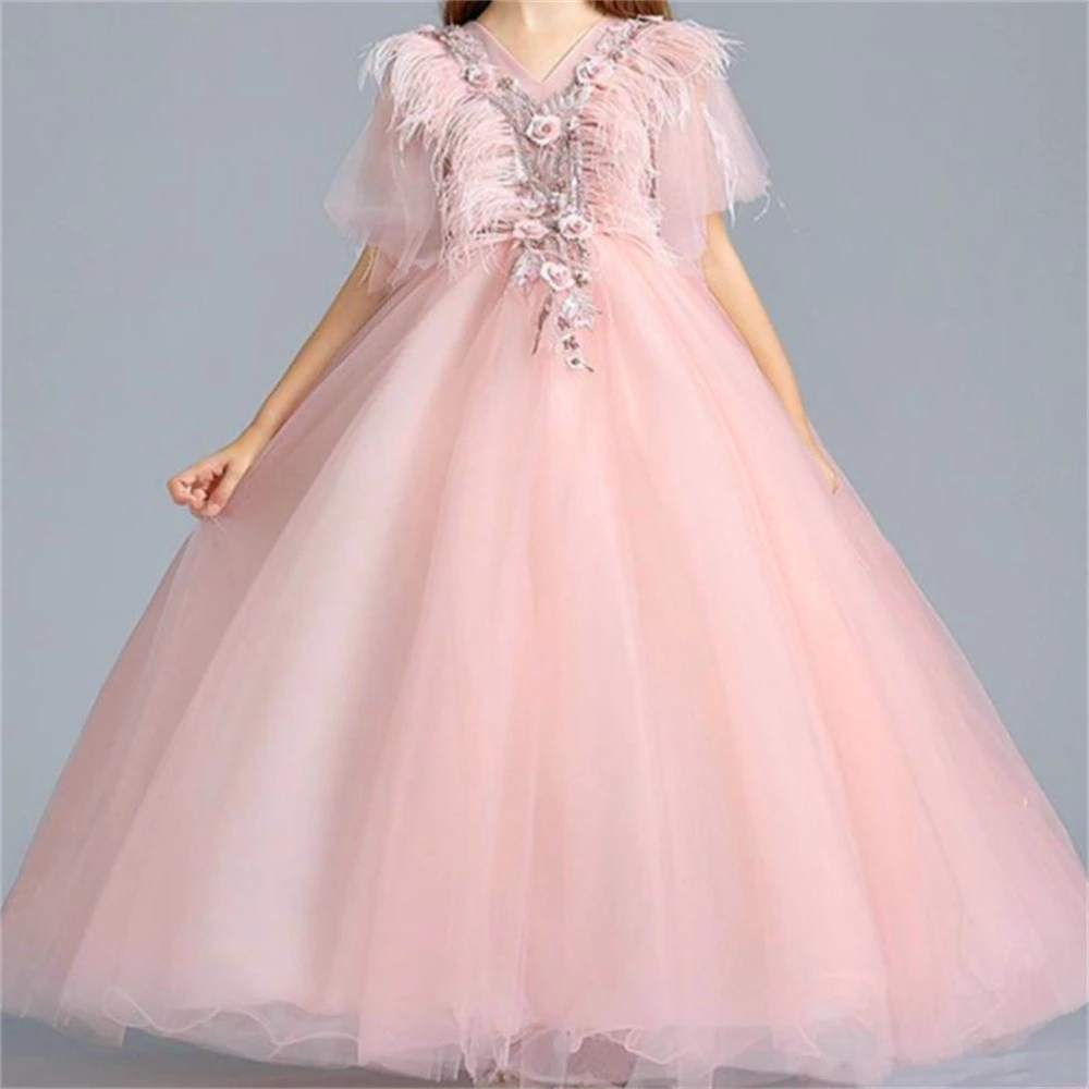 Flower Girl Dress  Princess Ball First Communion Dresses Elegant Pink Tulle Lace Kids Birthday Present Lovely Baby Dresses