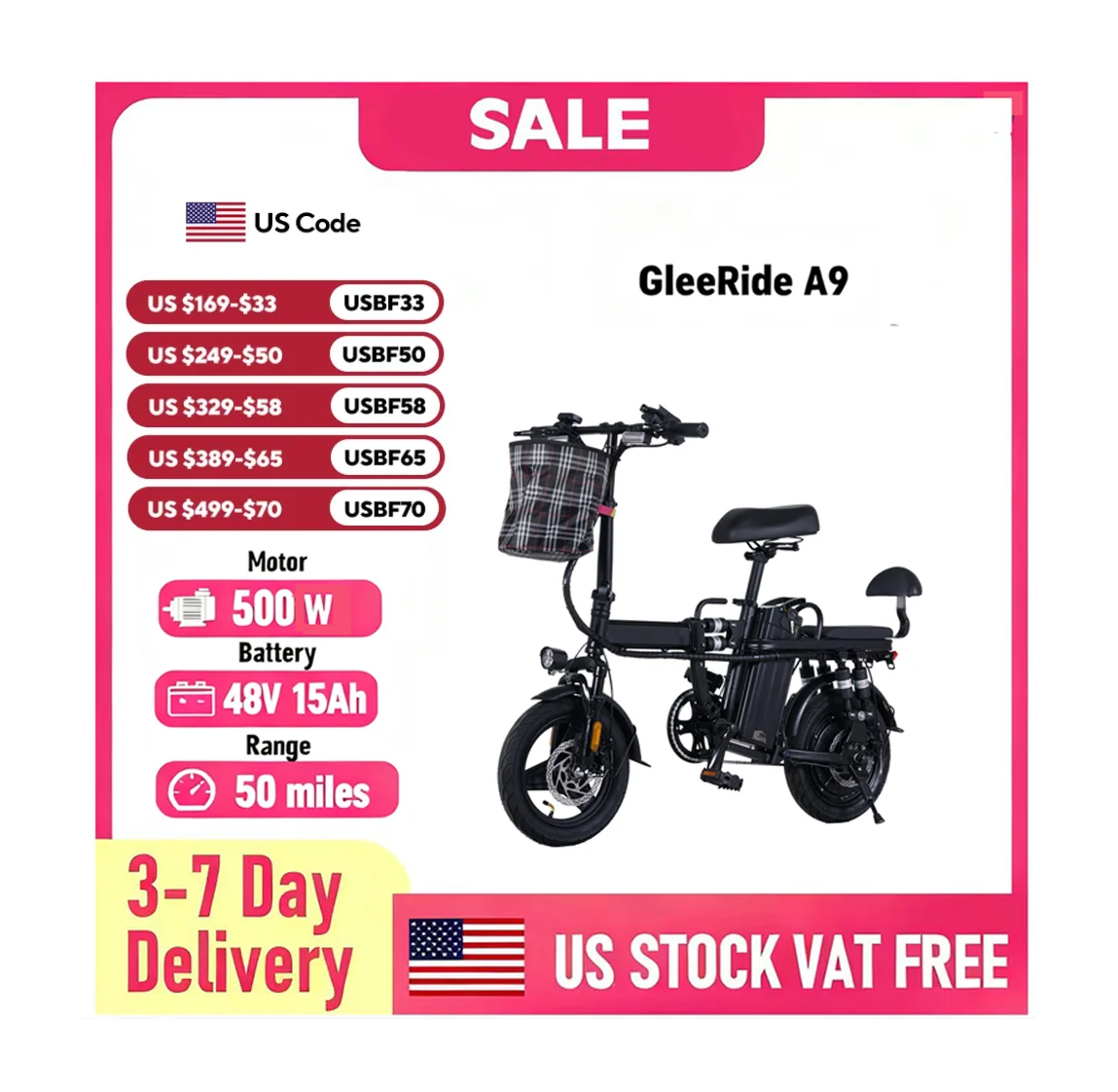 

GleeRide A9 2 Seater Electric Bike, 500W 14" Mini Folding Ebike, 48V 15AH Removable Battery, Long Range 50Miles 20MPH