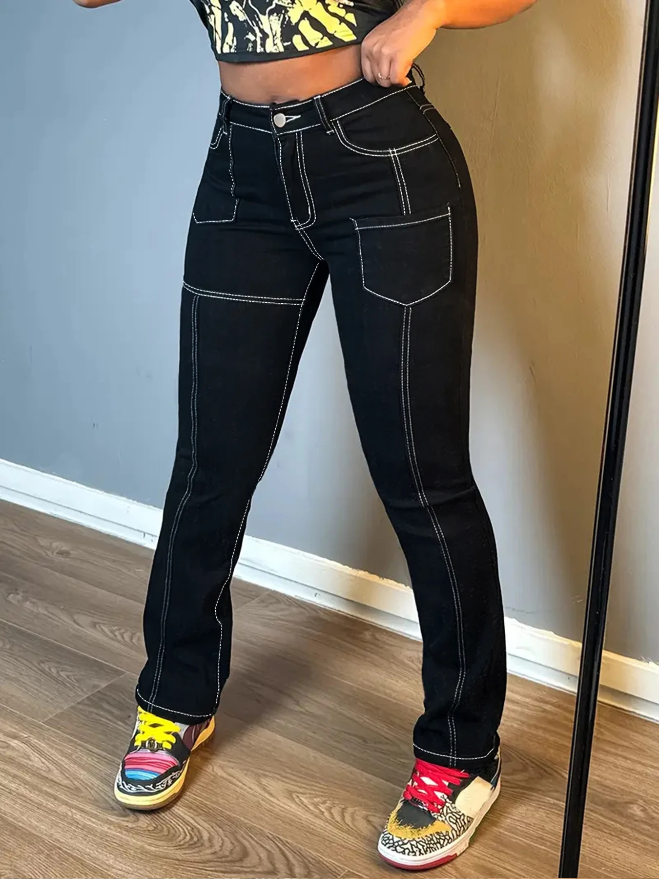 

Plus size women's high-waist skinny jeans, casual zipper design, washed stretch plus size women's jeans