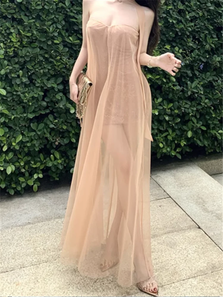 Seksowna Letnia Sukienka Bez Ramiączek w Kolorze Jasnej Kawy z Siateczki, Bez Rękawów, z Dekoltem typu Hiszpanka, Prześwitująca, Idealna na Wakacje nad Morzem, Plażowa, Długa Sukienka w Stylu Wróżki, Szata