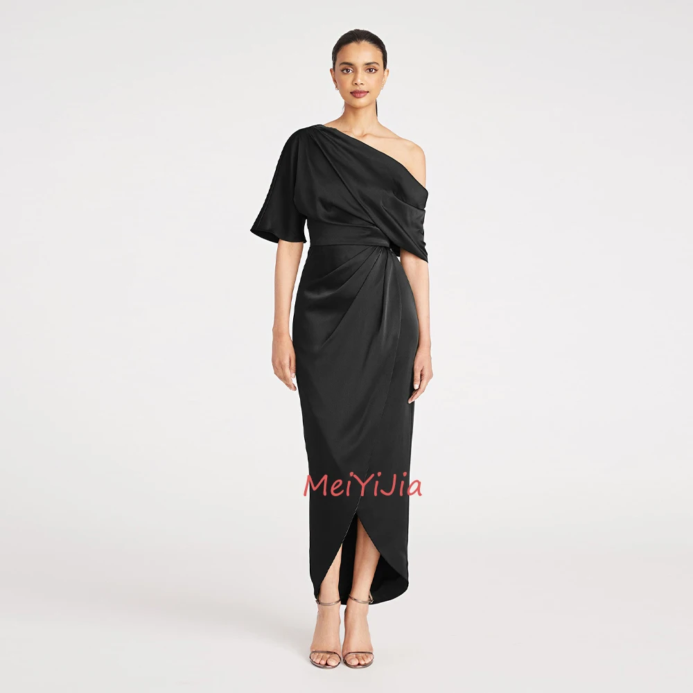 MeiYiJia One-Shoulder Ruffle Simple Satin Half-Sleeves Ankle-Length Saudi Arabia Sexy Evening Birthday Club Outfits Summer 2024