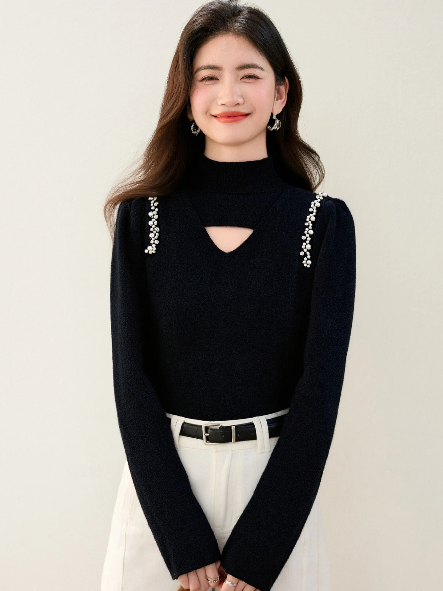 フレンチスタイルモックネックレッドニットプルオーバーセーターボトミングシャツ女性秋冬エレガントスリム中空ニットウェア9689