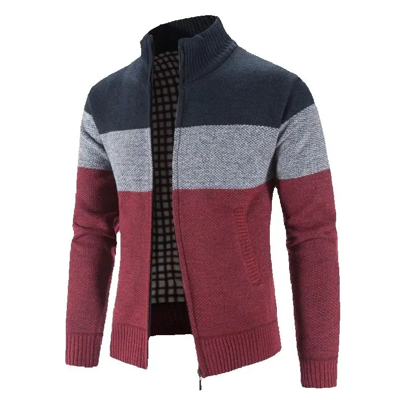 Autumn Winter Thick Mens Cardigan Fashion Stand Collar Knitted Sweater Coat Men Fashion Patchwork Zipper Cardigan Jacket Man