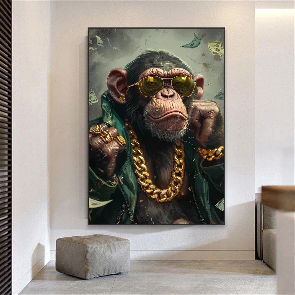 Modern Animal Chimpanzee Art Poster Decor Gold Chain Animal Funny Prints Money Wall Art Canvas Painting Home Office Decor