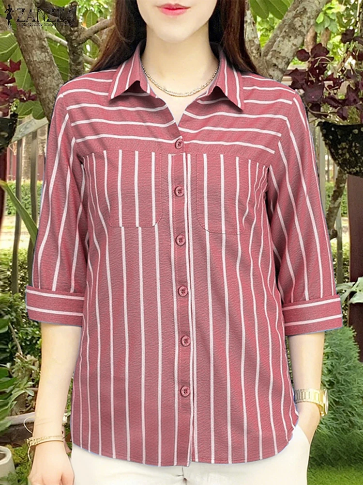 Camisas a rayas a la moda ZANZEA, Blusas de trabajo de manga 3/4 con cuello de solapa para mujer, Tops informales con botones, Blusas de gran tamaño