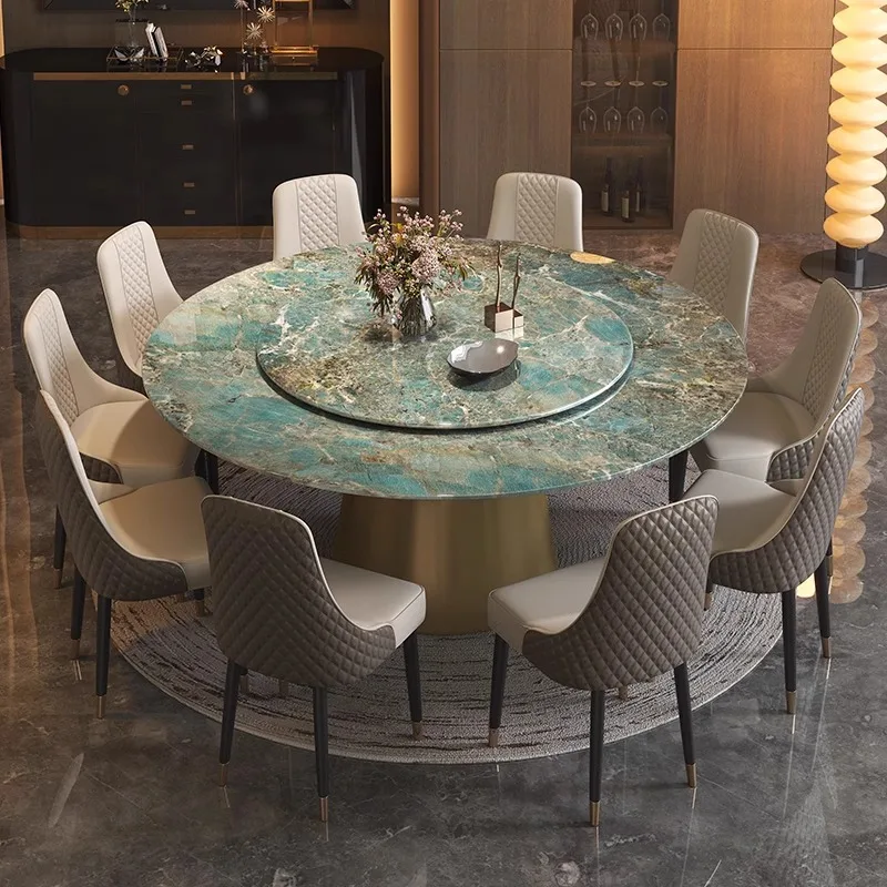 

Light luxury Amazon green marble dining table Large apartment villa household dining table Round round table with turntable