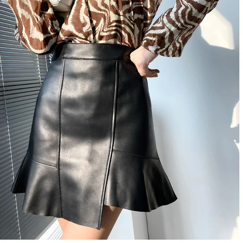 Mini  Leather Fishtail Skirt Women Femme Elegant Chic Real Lambskin Irregular Short Jupe Mujer High Waist RuffledFalda Corta