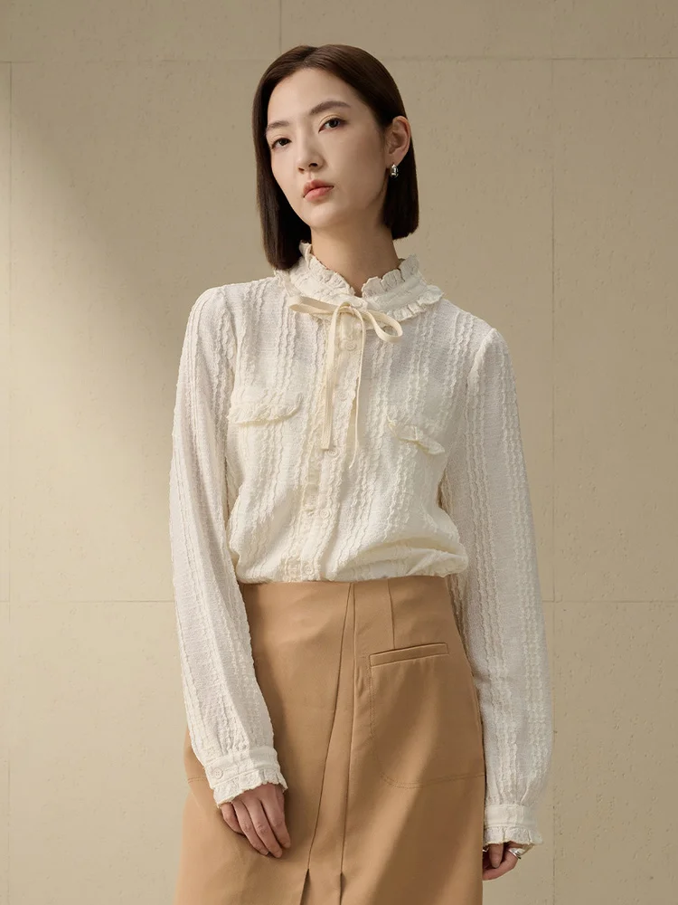 Camisa Elegante con Textura y Cuello de Encaje de Aylen, Fibra de Poliéster Suave, Manga Larga, Estilo Elegante para Mujer, H...