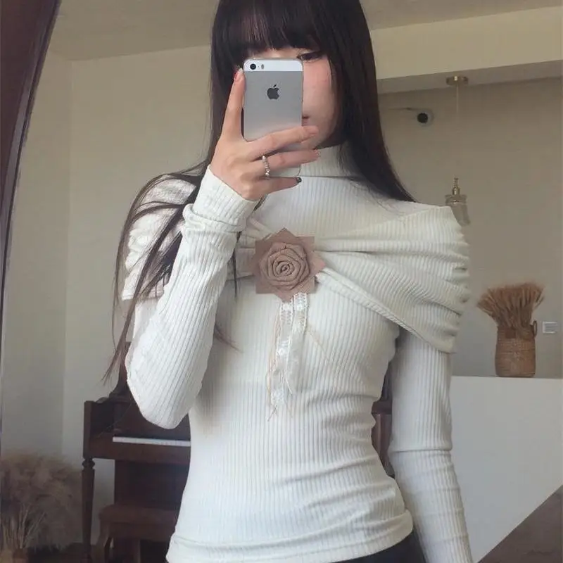 

Deeptown Y2k White Harajuku Women Sweater Turtleneck Korean Fashion Vintage Knitwear Long Sleeve Elegant Slim Autumn Gyaru Rose