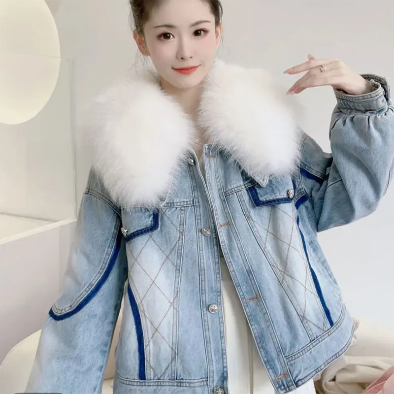 High-End Elegant Denim Goose Down Down Jacket For Women Oversized Fox Detachable Short Loose Thickened Warm Fashionable Coat