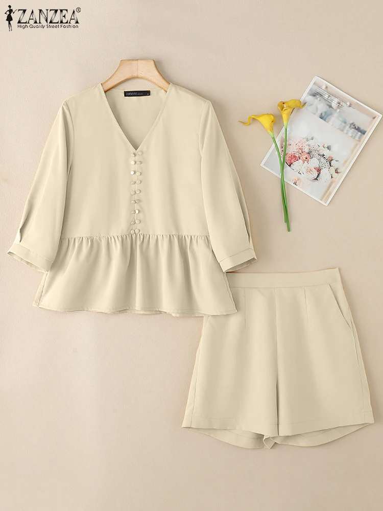 

ZANZEA 2PCS Women Summer Short Sets Solid Two Pieces Tracksuits 3/4 Sleeve Blouse Pant Suit Casual Work OL Outfits Matching Sets