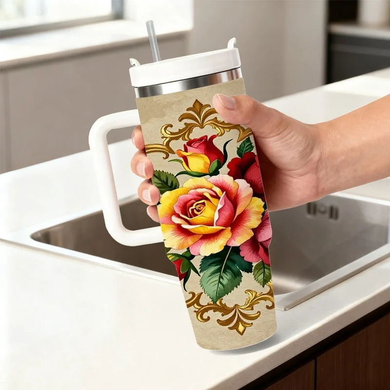 1ps Vintage Floral Digital Print 40oz Stainless Steel Insulated Tumbler, Elegant Rose & Ornate Frame Design, Durable Reusable Drink Cup for Daily Beverage Use, Outdoor Commute & Home Kitchen