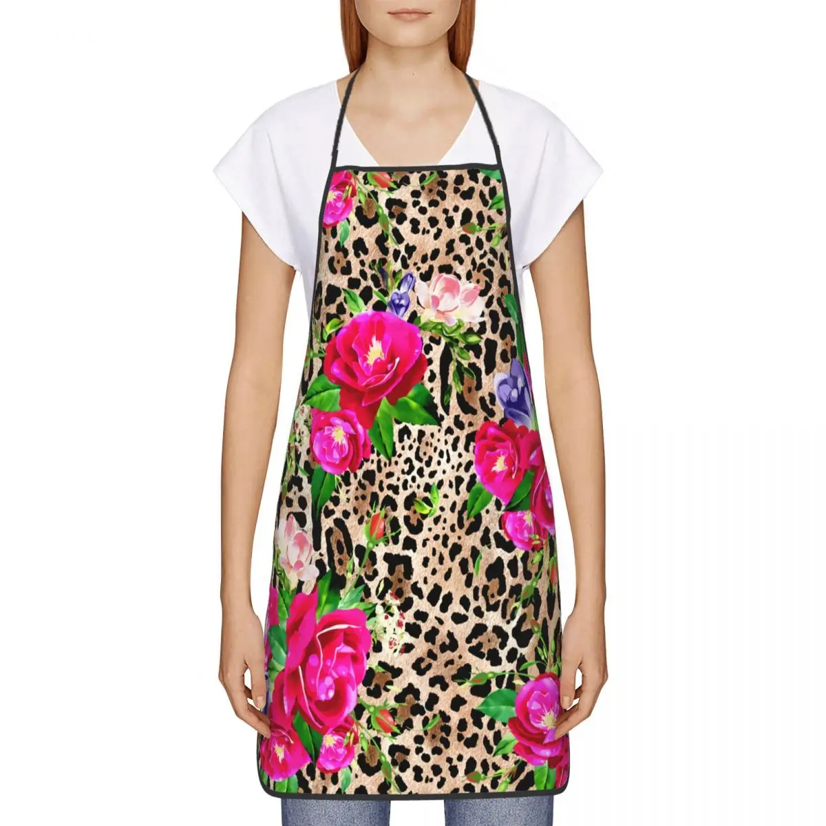 Custom Funny Flowers With Leopard Print Bib Aprons Men Women Unisex Kitchen Chef Tablier Cuisine for Cooking Baking Gardening