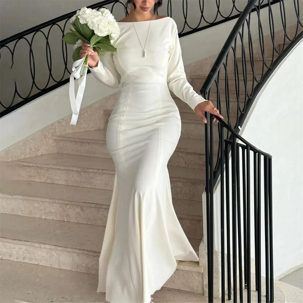 

ROYET White Party Dress Button Backless Long Sleeve Evening Dress Mermaid Floor Length Prom Gown For Woman New Customized