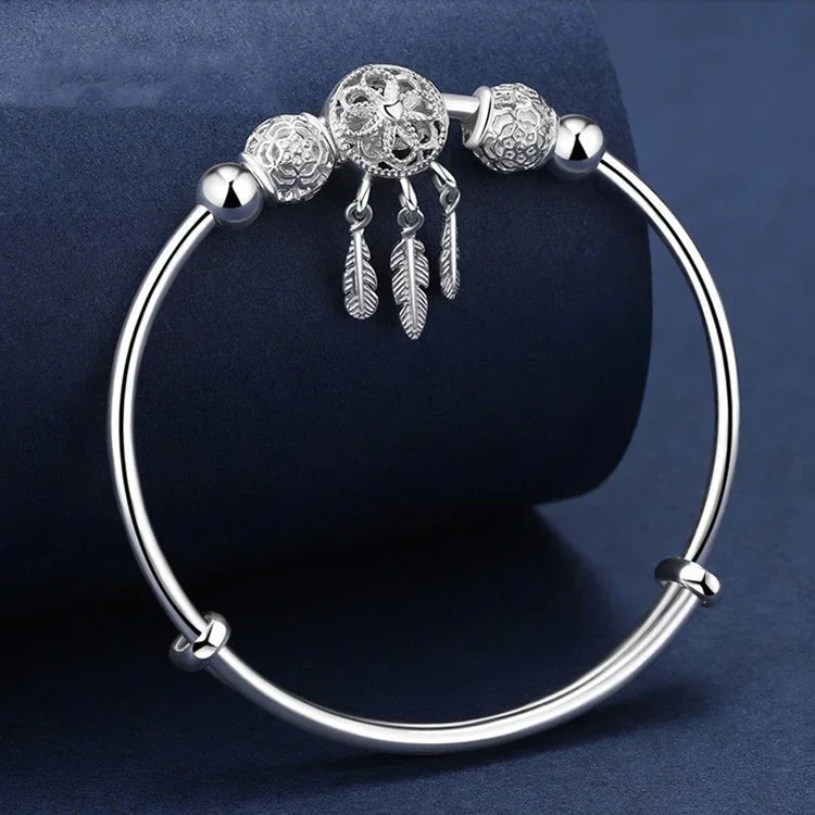 Adjustable Size 925 Sterling Silver Bangle Cuff Dreamcatcher Tassel Feather Round Bead Charm Bracelet Jewelry For Women Wedding