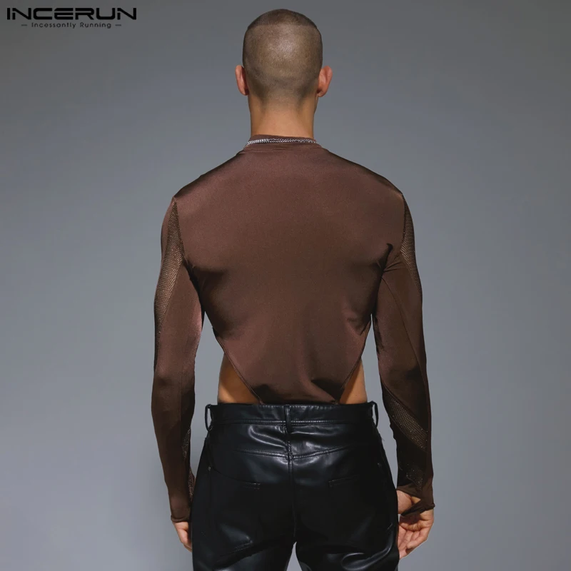 INCERUN-body Sexy para hombre, ropa de casa con Cuello medio alto, peleles de empalme de malla, monos informales de moda, dedal de manga larga,