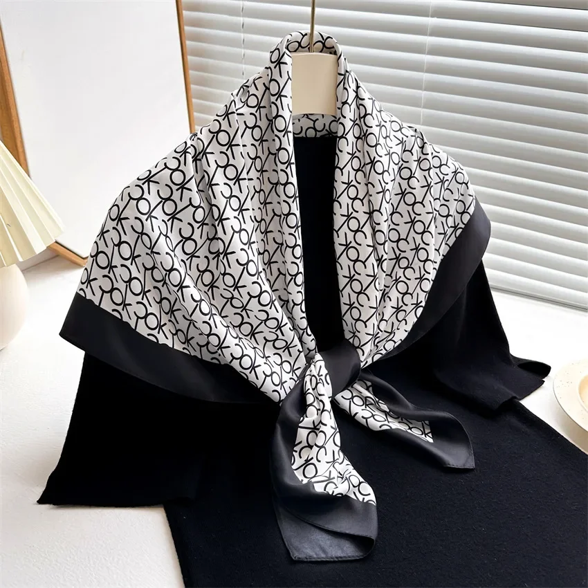 2024 New Fashion Light Luxury Letters Print Silk Scarf 90cm Women Twill Simple Square Scarves Ladies Sunscreen Shawl Headscarf