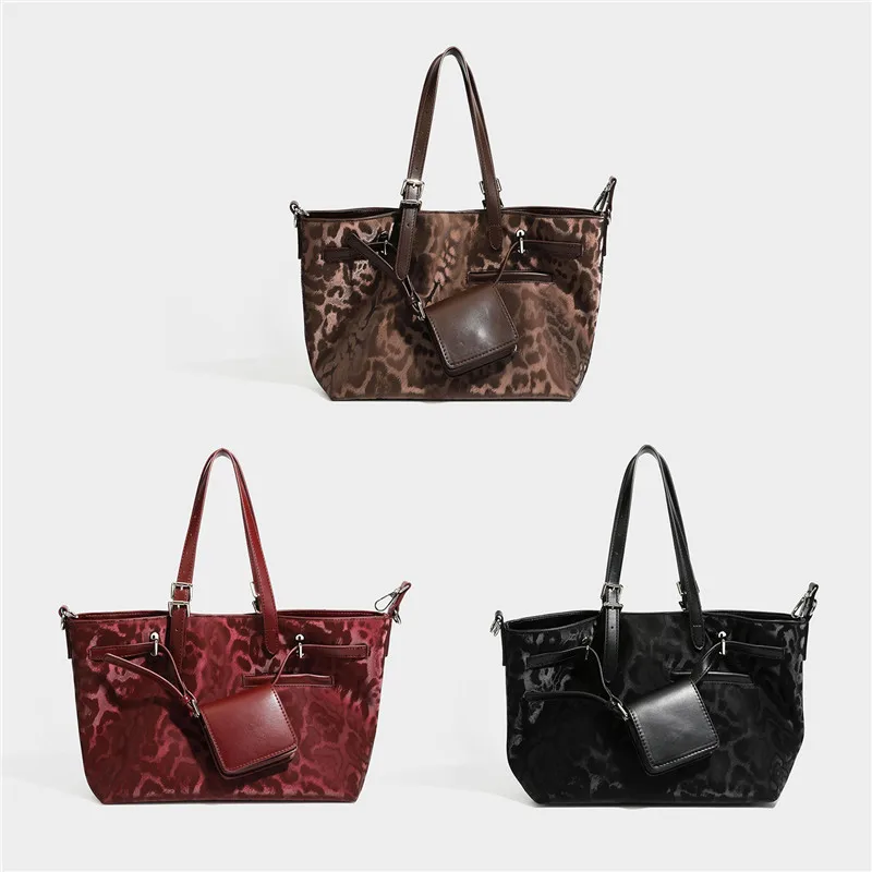 WGSTART Women Leopard Print Tote Bag With Mini Pouch Casual Adjustable Strap Large Capacity Shoulder Handbag Retro Crossbody Bag