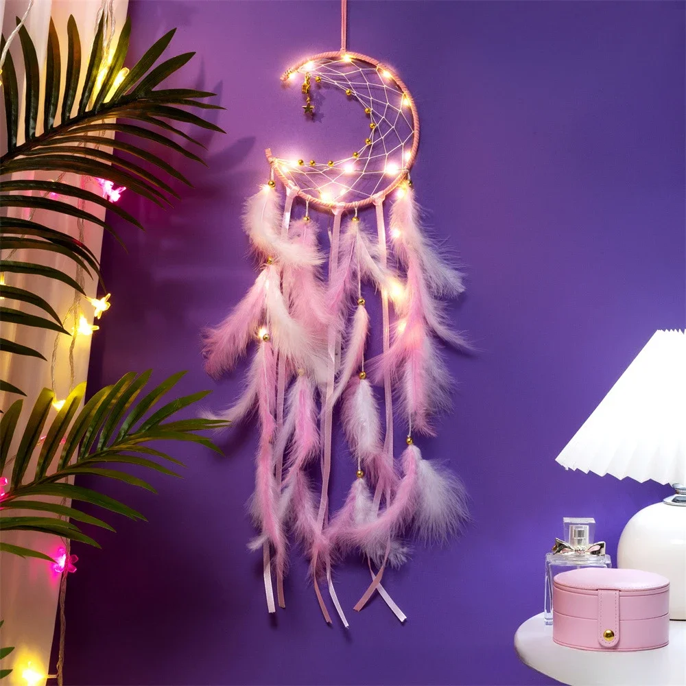 Moon Dream Catcher Feather Wind Chimes Hand-woven Wall Bedroom Hanging Ornaments Birthday Festival Gifts Home Decoration Crafts