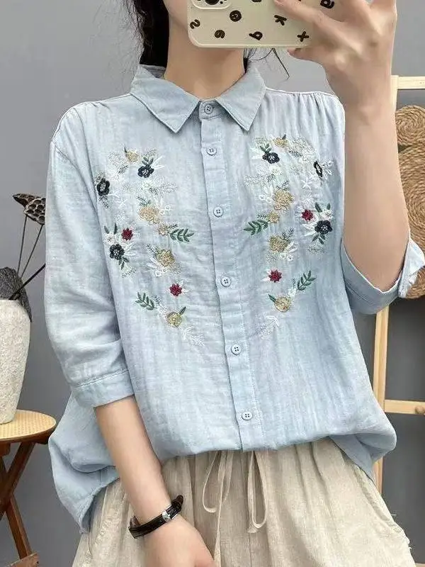

Women's Cotton Linen Shirt Five-Quarter Sleeve Embroidered Soft Breathable Summer Fashion Artistic Style Loose Fit Button up