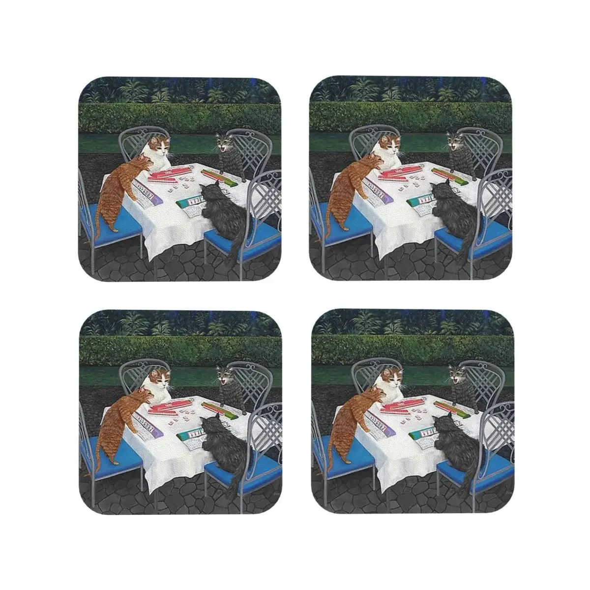 Cats Playing Mahjong In The Garden Coasters Kitchen Placemats Insulation Cup Coffee Mats For Decor Home Tableware Pads Set of 4