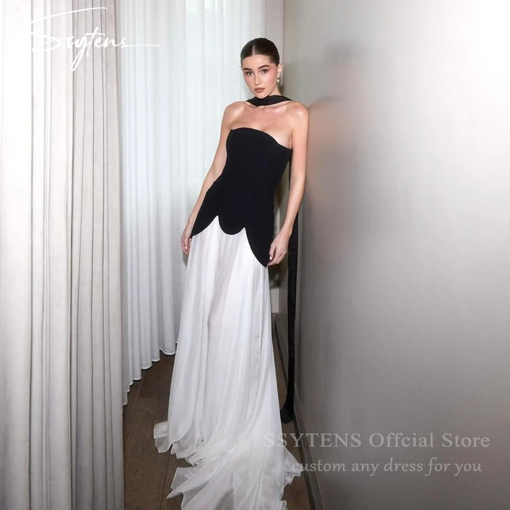 

SSYTENS Black White Elegant Evening Dresses Strapless Pleated Formal Occasion Dresses Women Simple Prom Party Gowns Customized