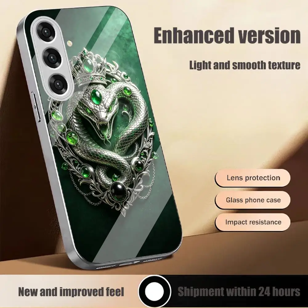 Silver Snake Crown Gem Multi-color variants glass phone case for Samsung Galaxy S26 S25 S24 S23 S22 FE,Ultra,Plus Dropresistant