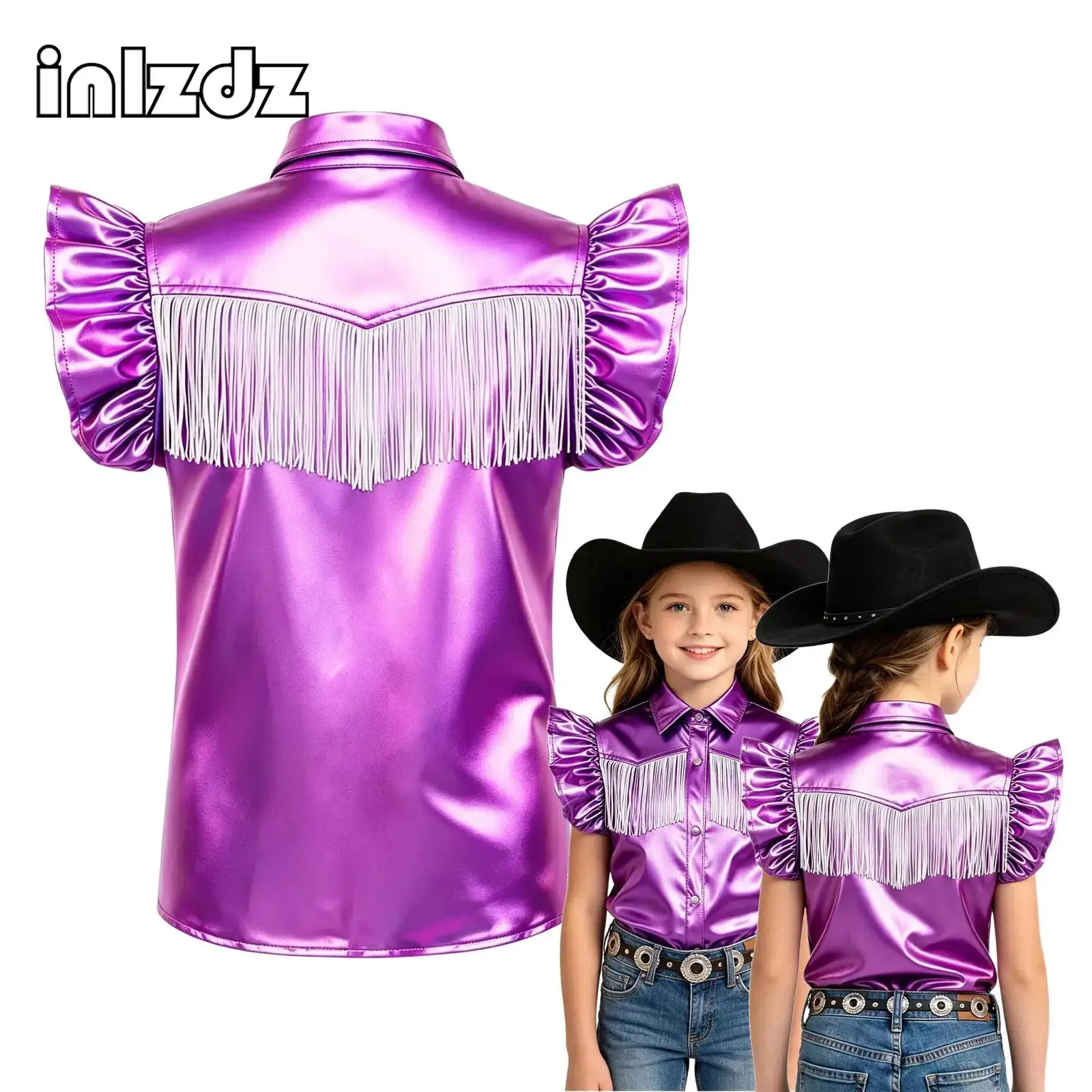 

Kids Girls Jazz Hip-hop Street Dance Costume Boy Metallic Shirt Ruffled Sleeves Tassel Tops Western Cowgirl Theme Party Dress-up