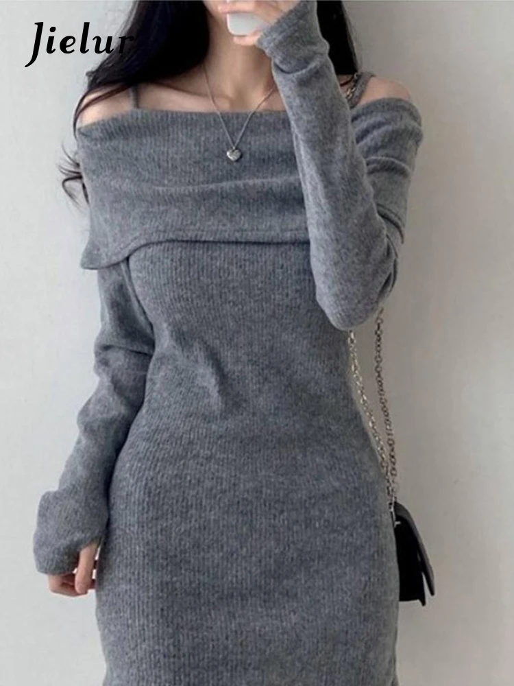 Jielur Autumn New Solid Color Sexy Women Dress Sweet Ladies Elegant Chic Dress Woman Black Grey Knitted Tight Hip Dresses Female