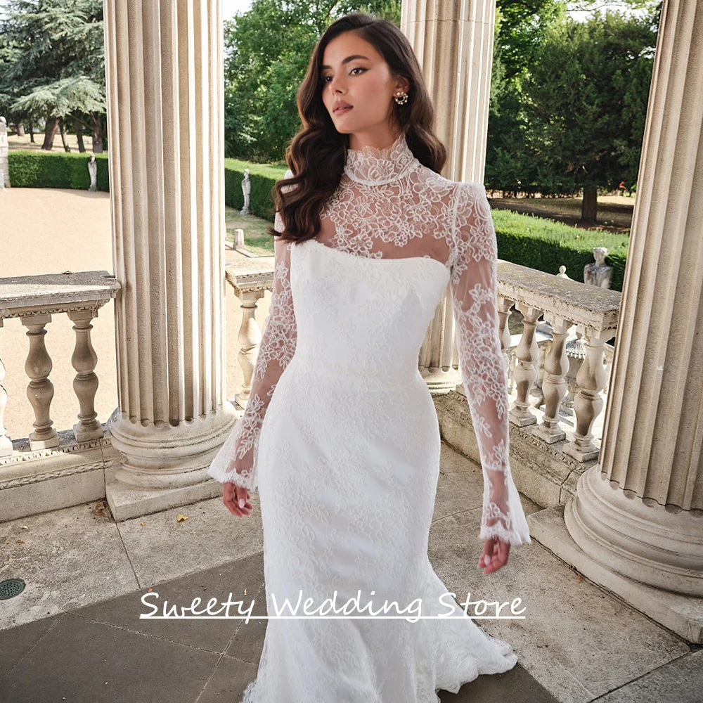 Abiti da sposa moderni a sirena in pizzo personalizzati collo alto maniche lunghe Sweep Train abito da sposa arabo Vestido Noiva